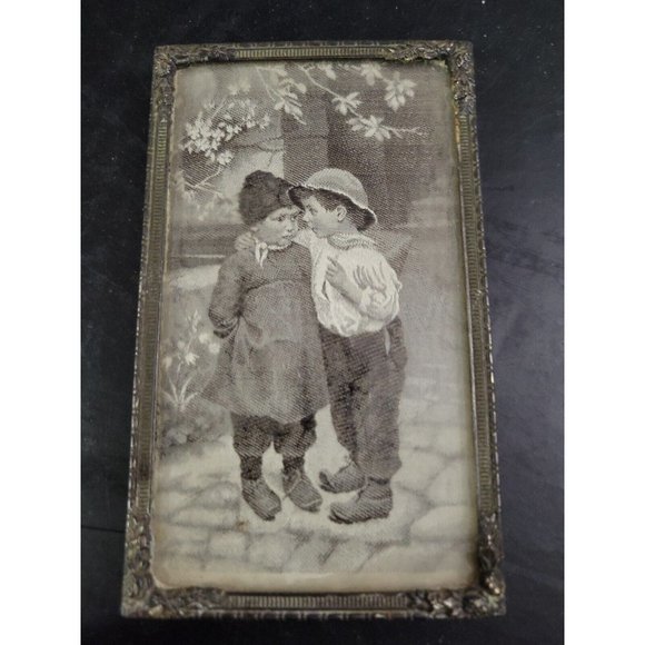 Antique Machine Woven Mini Tapestry Framed THE SECRET Ornate Metal Frame 4.5x2.5